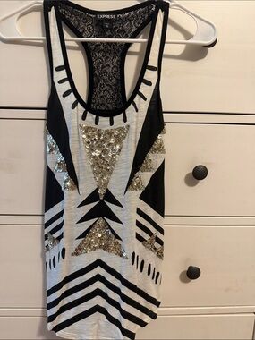 Express Black and White Tank with Gold Sequin Geometric Accents